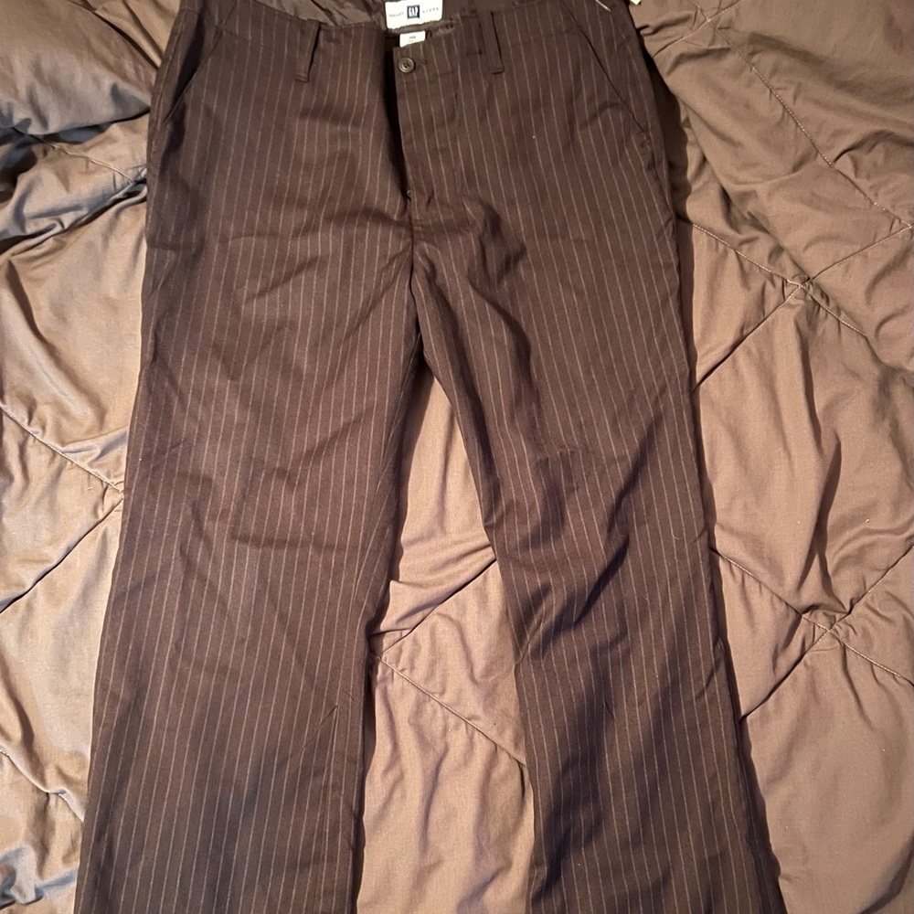 GAP factory brown pinstripe.  Lined flare slacks size 14